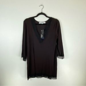 Alexander Del Rossa Womens Medium Blouse Tunic V Neck 3/4 Sleeve Lace Trim Black